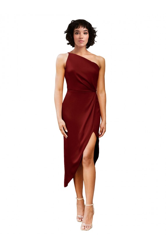 One Shoulder Midi Length Short Stretch Satin Wrap Style Cocktail Prom Dress / Homecoming Dress UK Website