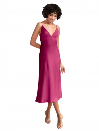 Midi Length V-Neck Short Stretch Satin Cocktail Prom Dress / Homecoming Dress with Low Scoop Back UK Website