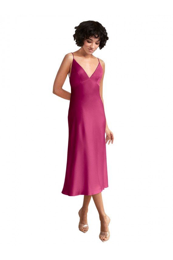Midi Length V-Neck Short Stretch Satin Cocktail Prom Dress / Homecoming Dress with Low Scoop Back UK Website