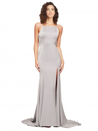 High Neck Low Back Long Full Length Stretch Satin Prom Dress UK Website