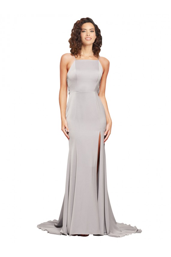 High Neck Low Back Long Full Length Stretch Satin Prom Dress UK Website