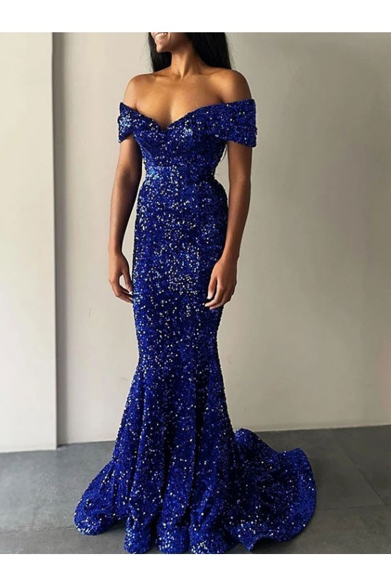 Mermaid Off the Shoulder Sleeveless Long Sweep Train Velvet Sequin Prom Dress UK Website