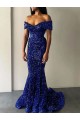 Mermaid Off the Shoulder Sleeveless Long Sweep Train Velvet Sequin Prom Dress UK Website