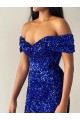 Mermaid Off the Shoulder Sleeveless Long Sweep Train Velvet Sequin Prom Dress UK Website