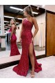 Mermaid One Shoulder Sleeveless Long Sweep Train Velvet Sequin Prom Dress with High Slit UK Website