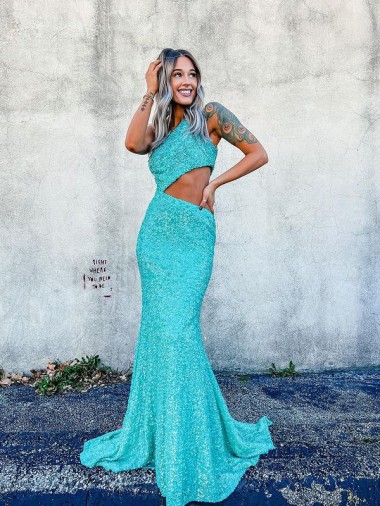 Mermaid One Shoulder Sleeveless Long Sweep Train Velvet Sequin Prom Dress UK Website