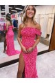 One Shoulder Sleeveless Long Sweep Train Velvet Sequin Prom Dress with Side Slit UK Website
