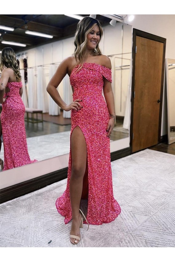 One Shoulder Sleeveless Long Sweep Train Velvet Sequin Prom Dress with Side Slit UK Website