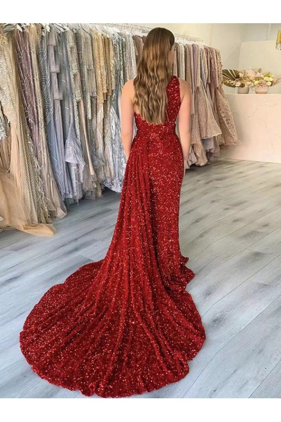 One Shoulder Sleeveless Long Court Train Velvet Sequin Prom Dress with Slit UK Website