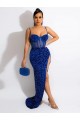 Long Sweep Train Spaghetti Straps Sleeveless Velvet Sequin Prom Dress with Slit UK Website