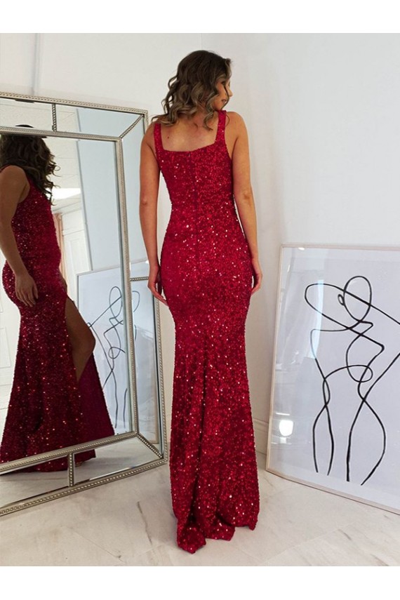 Square Neck Sleeveless Long Velvet Sequin Prom Dress with Slit UK Website