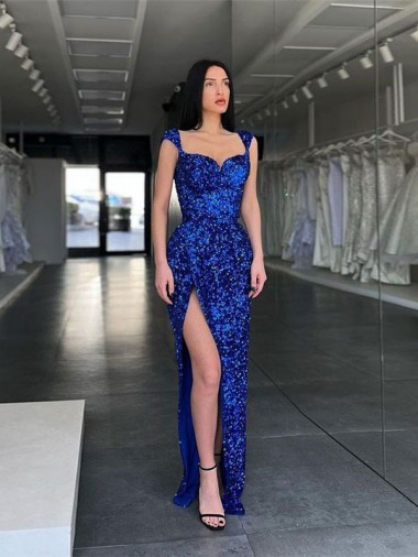 Sleeveless Long Sweep Train Velvet Sequin Prom Dress with High Slit and Straps UK Website