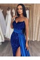 Sweetheart Sleeveless Long Sweep Train Velvet Sequin Prom Dress with Slit UK Website