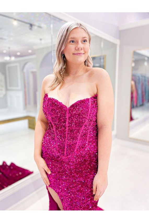 Long Sweetheart Sleeveless Sweep Train Velvet Sequin Prom Dress with Slit UK Website