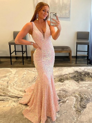 Deep V-Neck Sleeveless Long Low Back Velvet Sequin Prom Dress UK Website