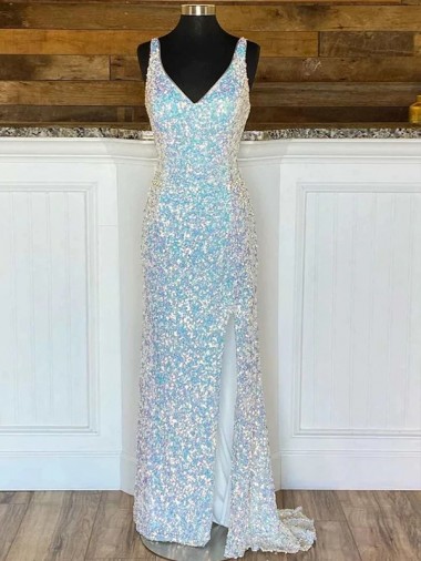V-Neck Sleeveless Long Sweep Train Velvet Sequin Prom Dress UK Website