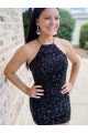 Halter Sleeveless Short Velvet Sequin Prom Dress UK Website