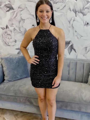 Halter Sleeveless Short Velvet Sequin Prom Dress UK Website