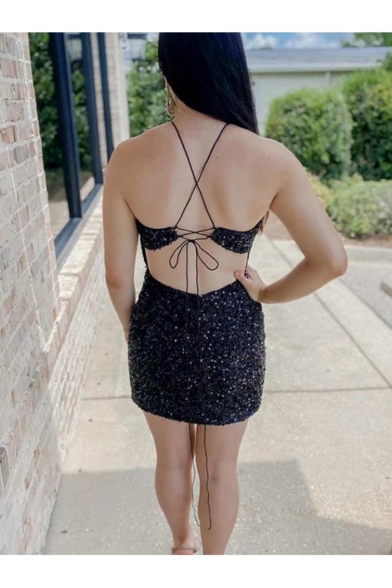 Halter Sleeveless Short Velvet Sequin Prom Dress UK Website