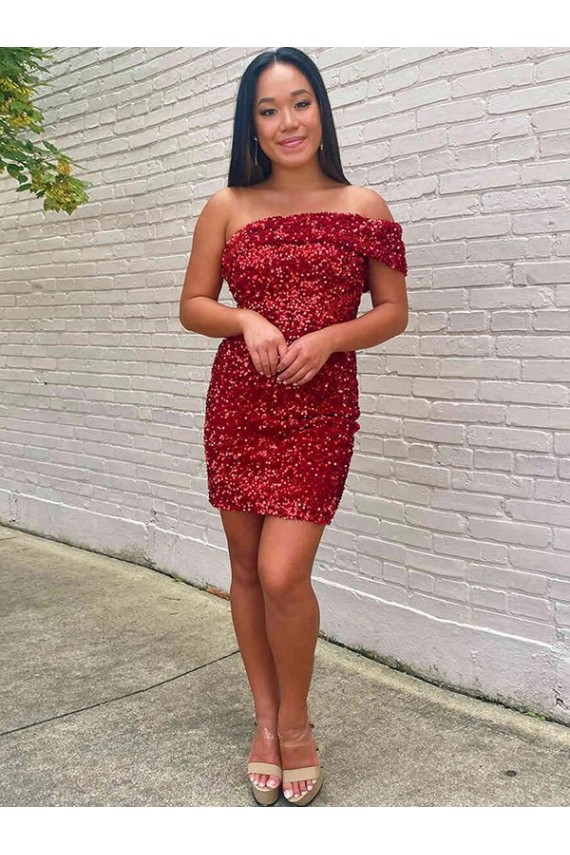 Short One Shoulder Sleeveless Velvet Sequin Cocktail Prom Dress UK Website