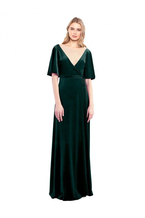 Deep V-Neck Flutter Sleeves Long Velvet Wrap Prom Dress UK Website