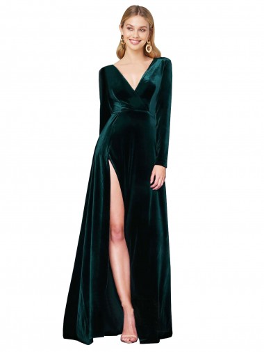 Deep V-Neck Long Sleeves Velvet Prom Dress with High Side Split UK Website