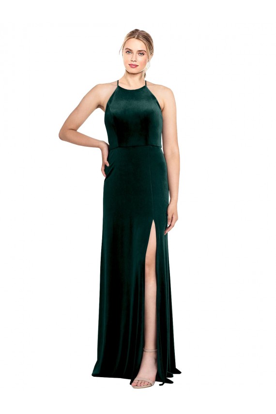 Long Jewel Neck Full Length Velvet Prom Dress with Side Slit UK Website