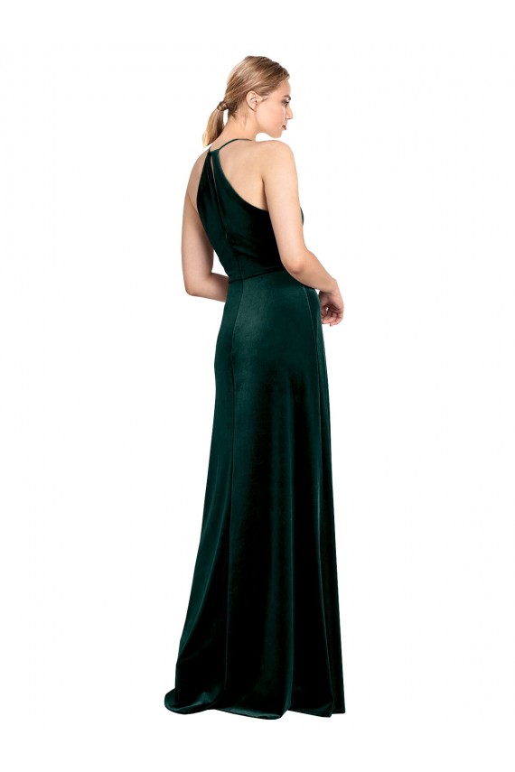 Long Jewel Neck Full Length Velvet Prom Dress with Side Slit UK Website