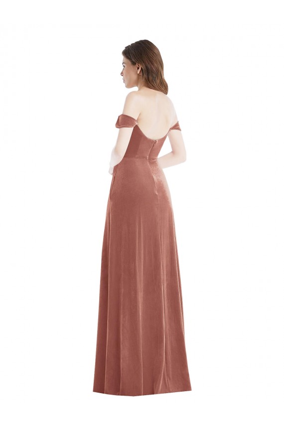 Off the Shoulder Flounce Sleeve Velvet Maxi Prom Dress & Pockets UK Website
