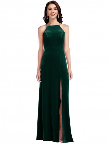Velvet Halter Maxi Prom Dress with Front Slit & Pockets UK Website