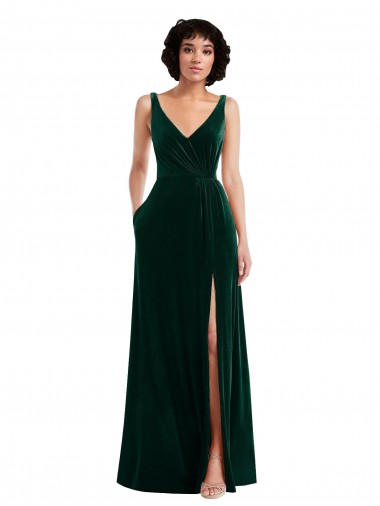 Floor Length Velvet Maxi Prom Dress with Shirred Bodice and Front Slit UK Website