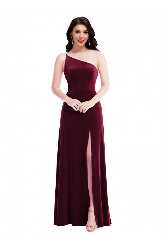 One Shoulder Spaghetti Strap Velvet Maxi Prom Dress with Pockets UK Website