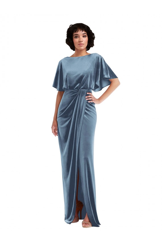 Flutter Sleeve Open Back Velvet Maxi Prom Dress with Pockets & Draped Wrap Skirt UK Website