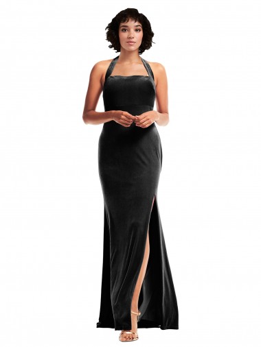 Empire Waist Stretch Velvet Prom Dress with Halter Strap UK Website
