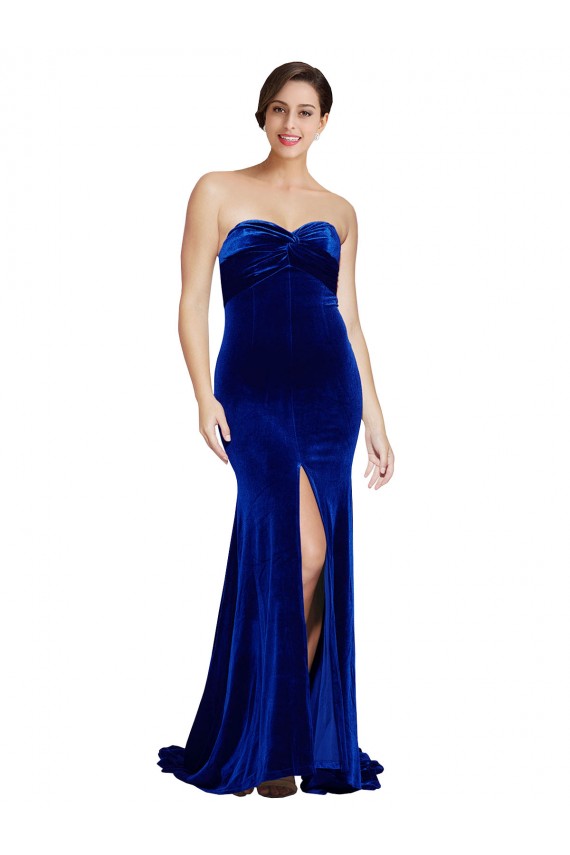 Strapless Ruched Velvet Prom Dress with Sweep Train and Front Slit UK Website
