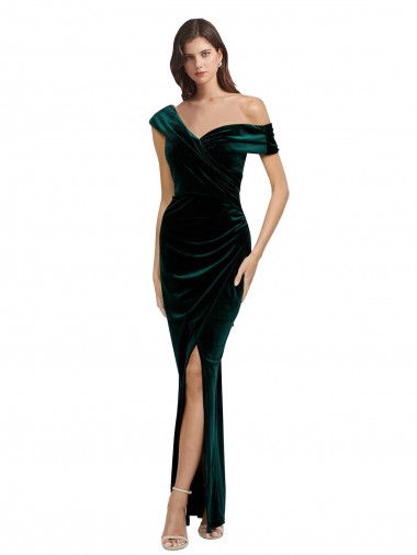 Long Asymmetric Neckline Ruched Velvet Prom Dress UK Website